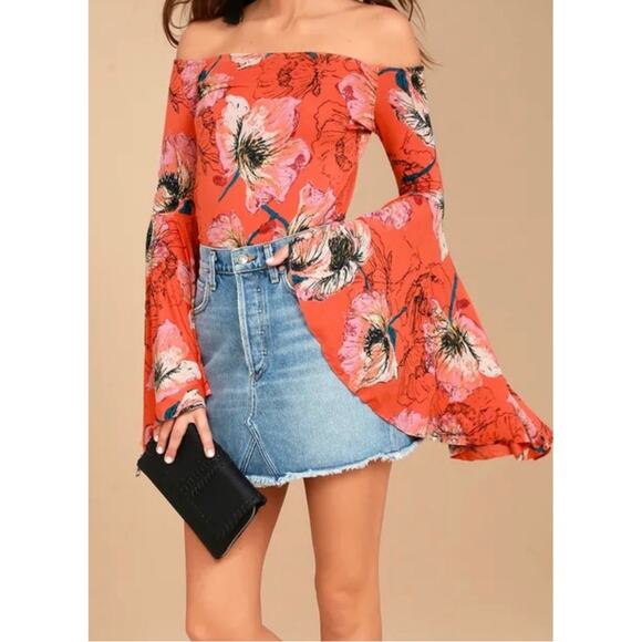 Free People Birds of Paradise Coral Orange Floral Print Top XS - Picture 5 of 8